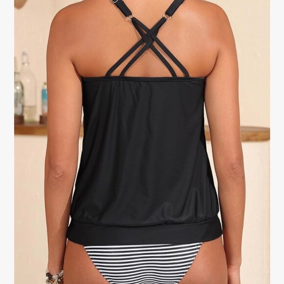 Black Stripe Blouson Two Piece Tankini Swimsuits for Women Tummy Control 18 PLUS - Picture 4 of 6